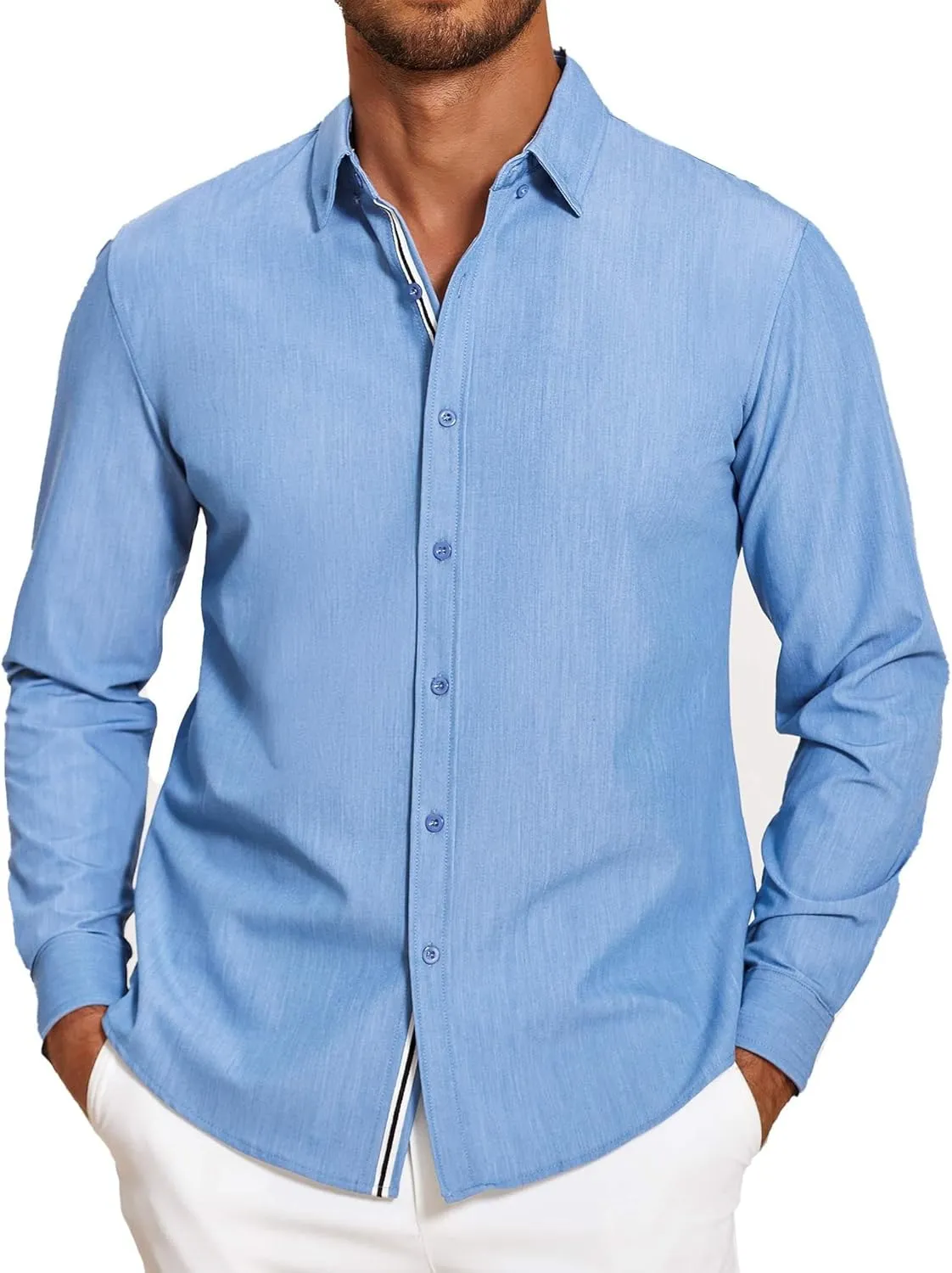 COOFANDY Mens Casual Button Down Shirt Untucked Long Sleeve Stretch Denim Dress Shirt