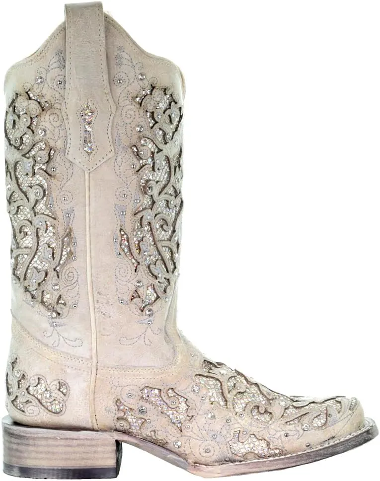 CORRAL Women's White Glitter and Crystals Cowgirl Boot Square Toe White 8.5 M US