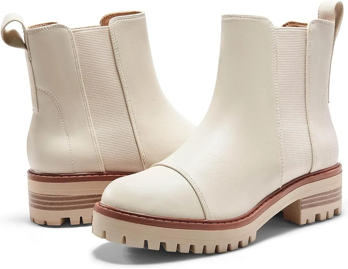 Coutgo Womens Chelsea Ankle Boots Lug Sole Low Stacked Heel Booties Winter Platform Shoes
