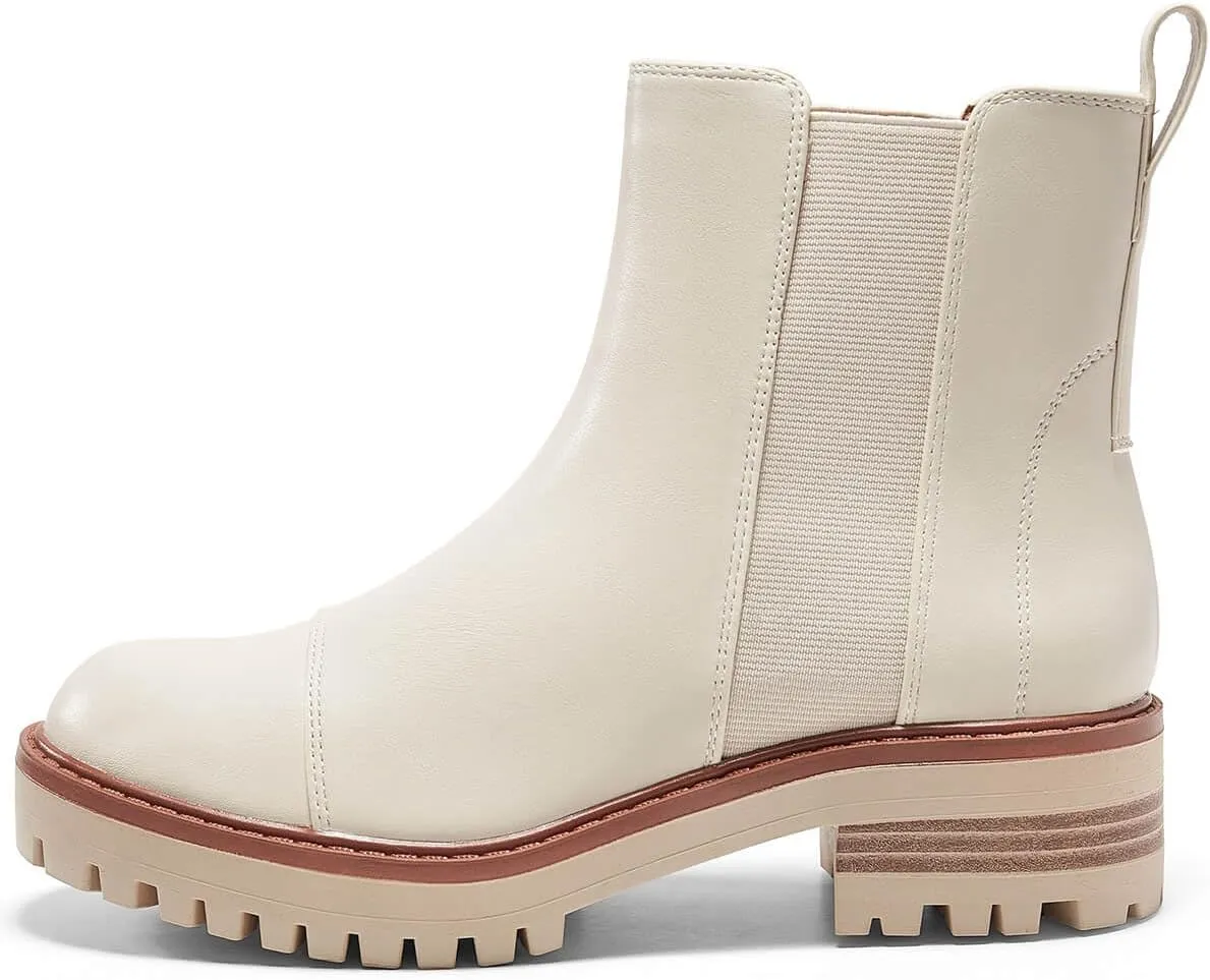 Coutgo Womens Chelsea Ankle Boots Lug Sole Low Stacked Heel Booties Winter Platform Shoes