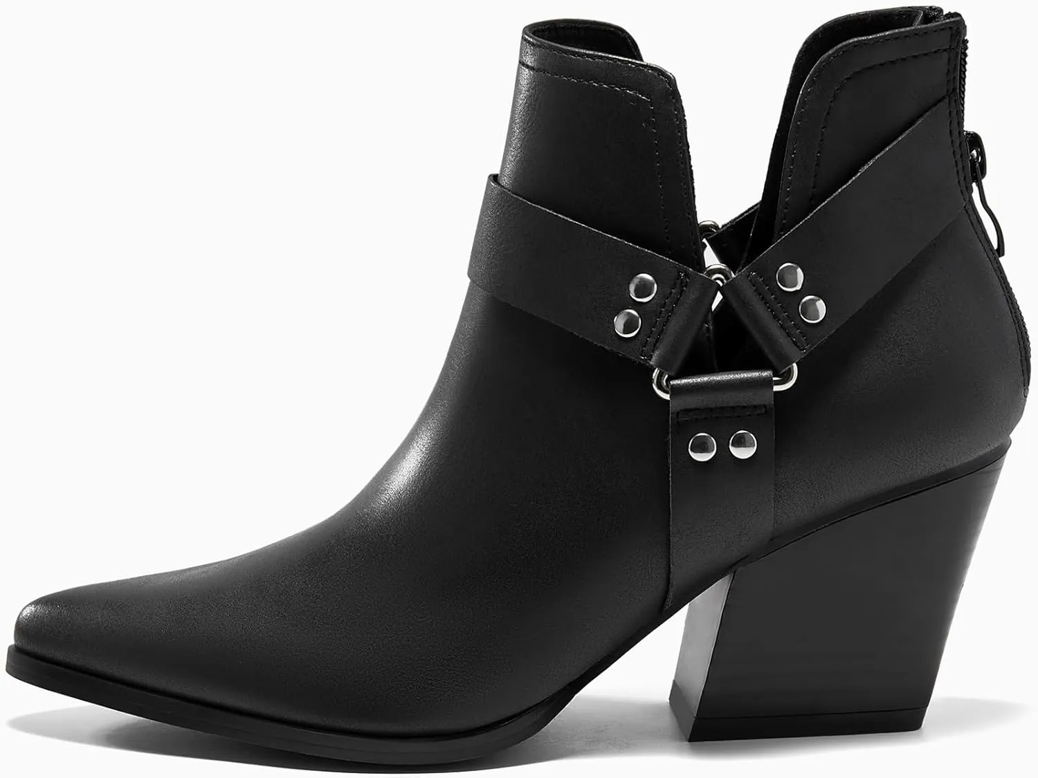 Coutgo Womens V Cutout Ankle Boots Pointed Toe Chunky Stacked Heel Booties Zip Up Western Boots Shoes