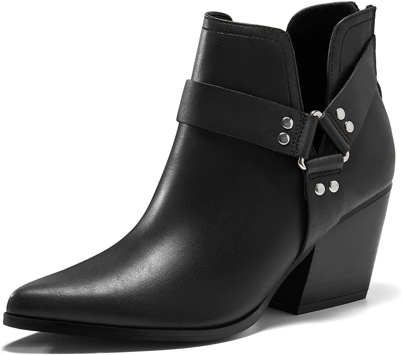 Coutgo Womens V Cutout Ankle Boots Pointed Toe Chunky Stacked Heel Booties Zip Up Western Boots Shoes