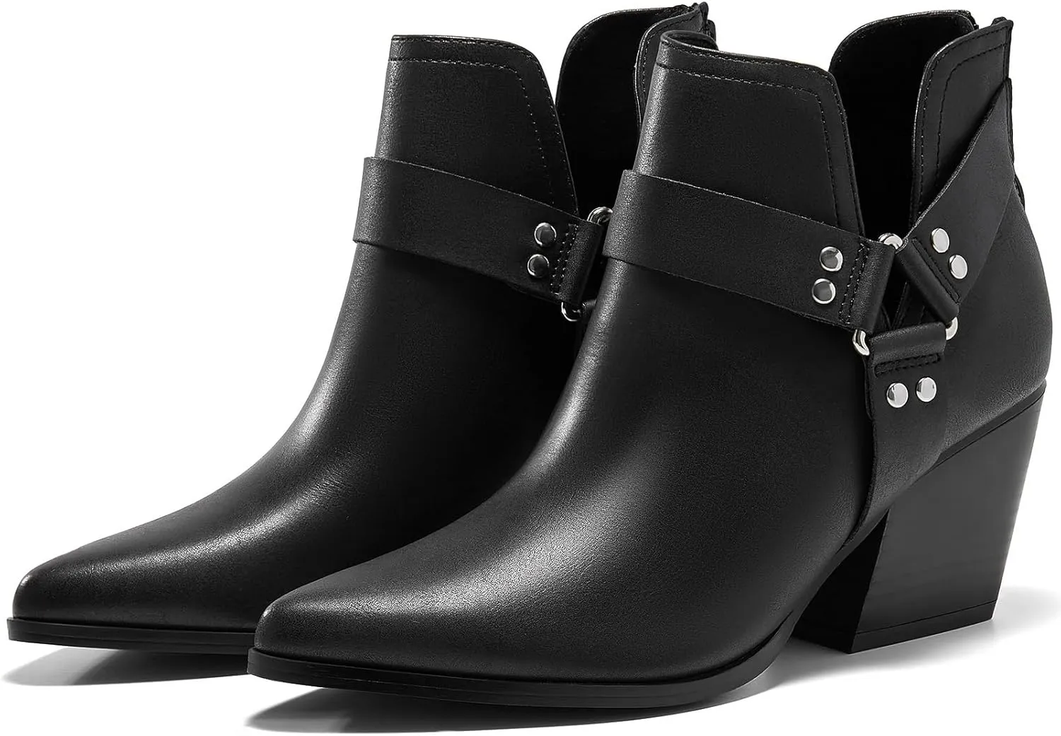 Coutgo Womens V Cutout Ankle Boots Pointed Toe Chunky Stacked Heel Booties Zip Up Western Boots Shoes