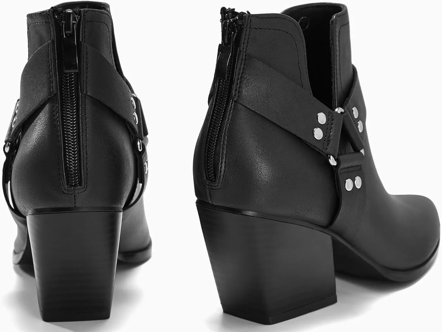 Coutgo Womens V Cutout Ankle Boots Pointed Toe Chunky Stacked Heel Booties Zip Up Western Boots Shoes