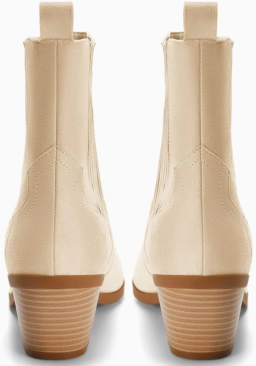 Coutgo Womens Western Pointed Toe Ankle Booties Chunky Stacked Heel Chelsea Boots Cowboy Elastic Winter Boots