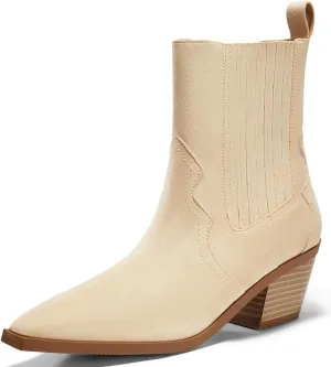 Coutgo Womens Western Pointed Toe Ankle Booties Chunky Stacked Heel Chelsea Boots Cowboy Elastic Winter Boots