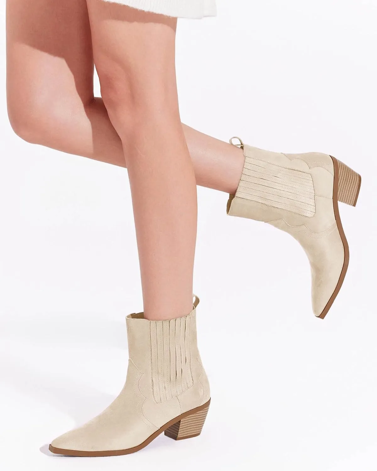 Coutgo Womens Western Pointed Toe Ankle Booties Chunky Stacked Heel Chelsea Boots Cowboy Elastic Winter Boots
