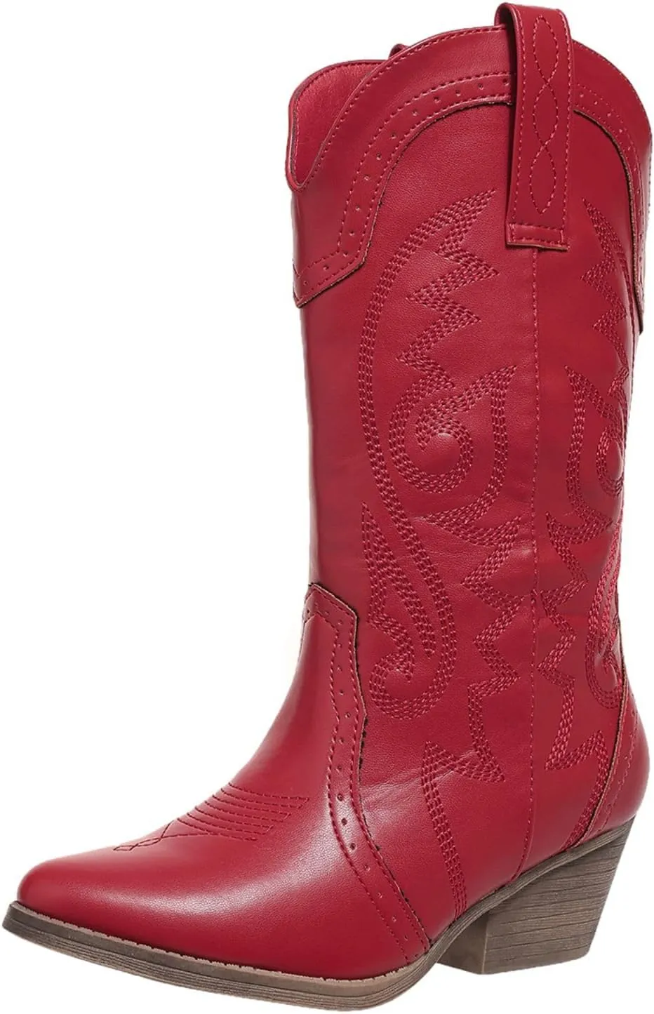 Cowboy Boots for Women Wide Calf Cowgirl Boots Pointed Toe Embroidery Stitched Fashion Western Boot Mid-Calf with Pull-on Tabs, US Size 5-11