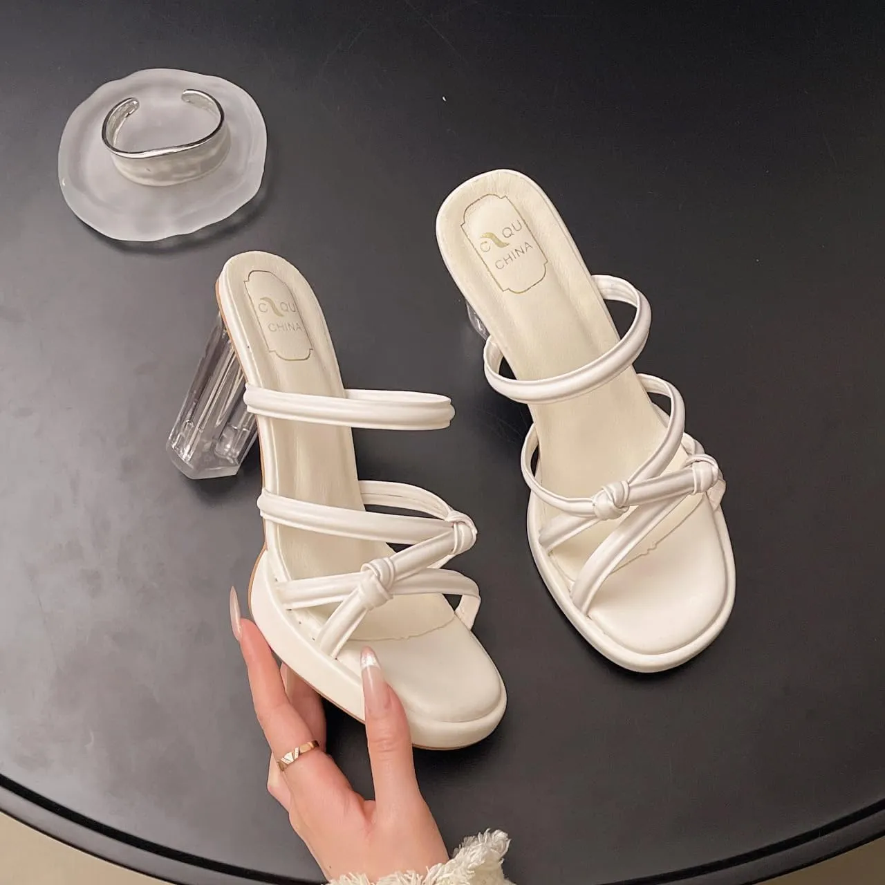 Crystal slippers women's outer wear 2025 summer new fairy with skirt transparent sandals thick heel open toe high heel sandals