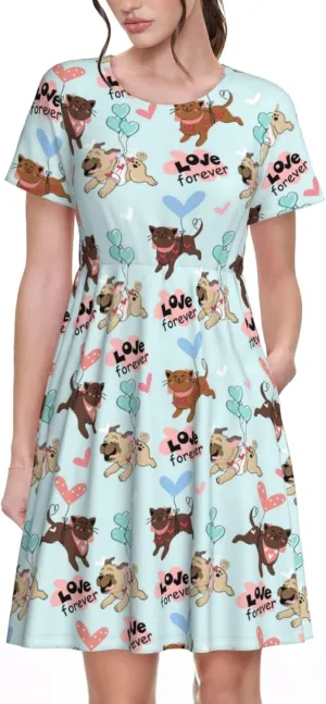 Cute Pug Dogs for Women's Casual Short Sleeve Dress with Pockets Dress for Summer,Travel,Lounging-