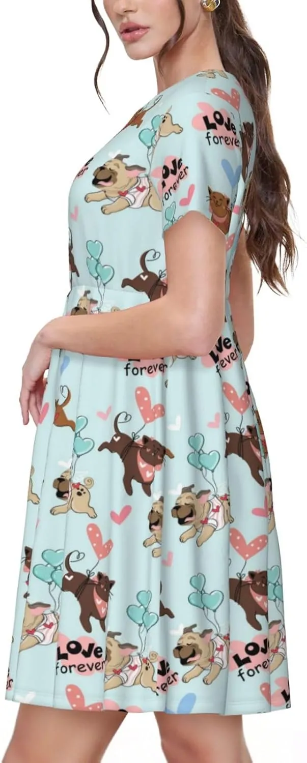 Cute Pug Dogs for Women's Casual Short Sleeve Dress with Pockets Dress for Summer,Travel,Lounging-