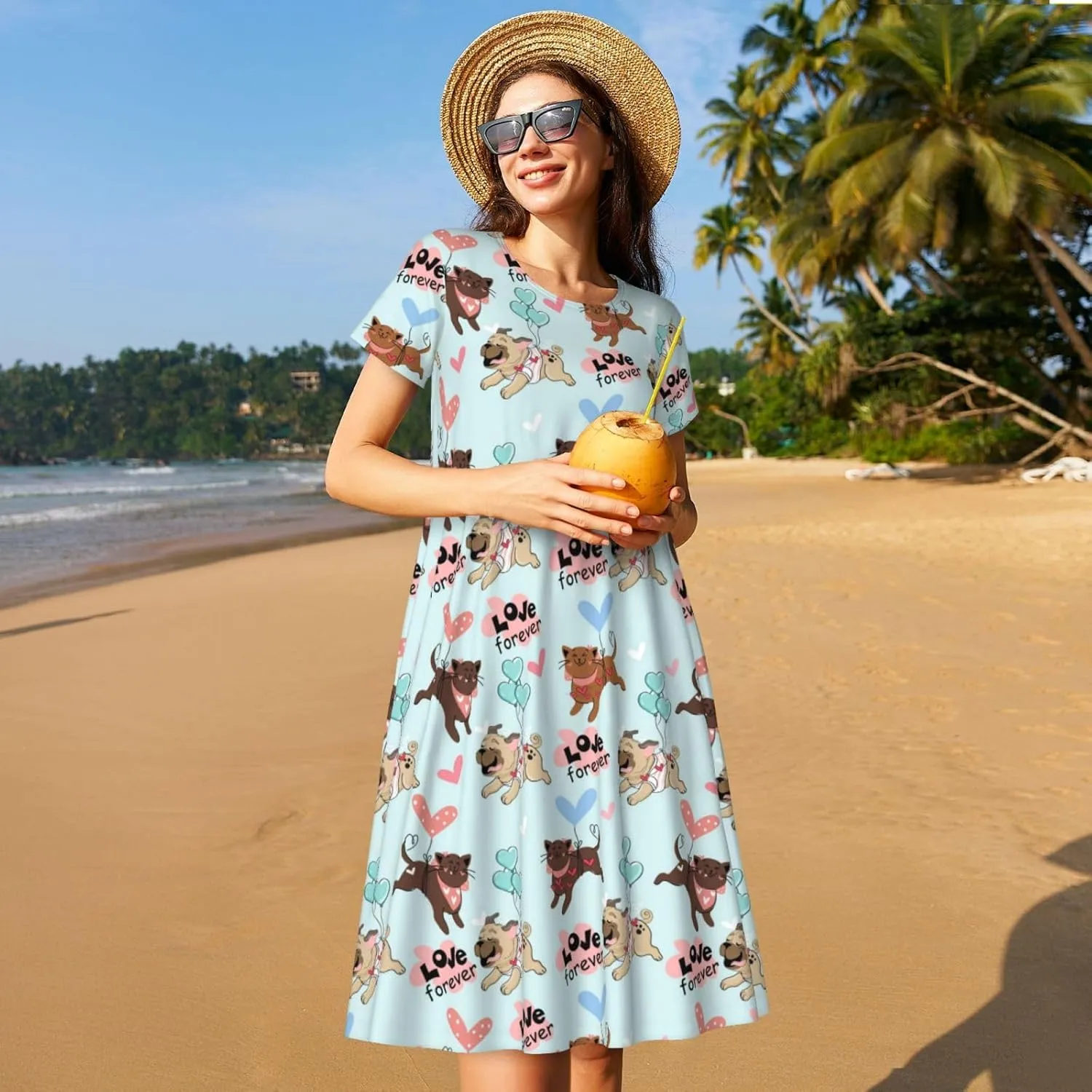 Cute Pug Dogs for Women's Casual Short Sleeve Dress with Pockets Dress for Summer,Travel,Lounging-