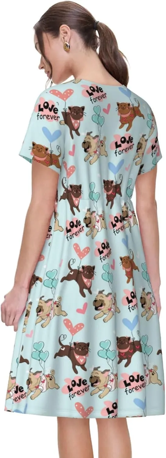 Cute Pug Dogs for Women's Casual Short Sleeve Dress with Pockets Dress for Summer,Travel,Lounging-