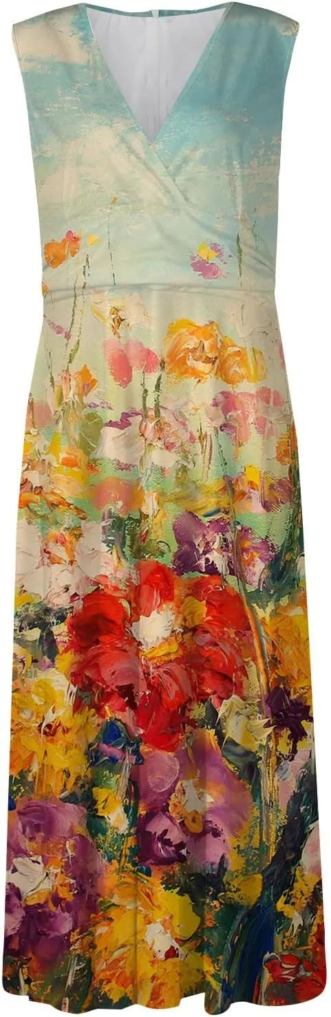 Elegant Women's Dress Sleeveless V-Neck Floral Maxi Dress Vintage Bohemian Style Summer Beach Vacation Sundress