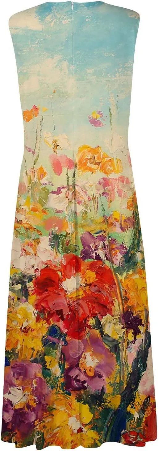 Elegant Women's Dress Sleeveless V-Neck Floral Maxi Dress Vintage Bohemian Style Summer Beach Vacation Sundress