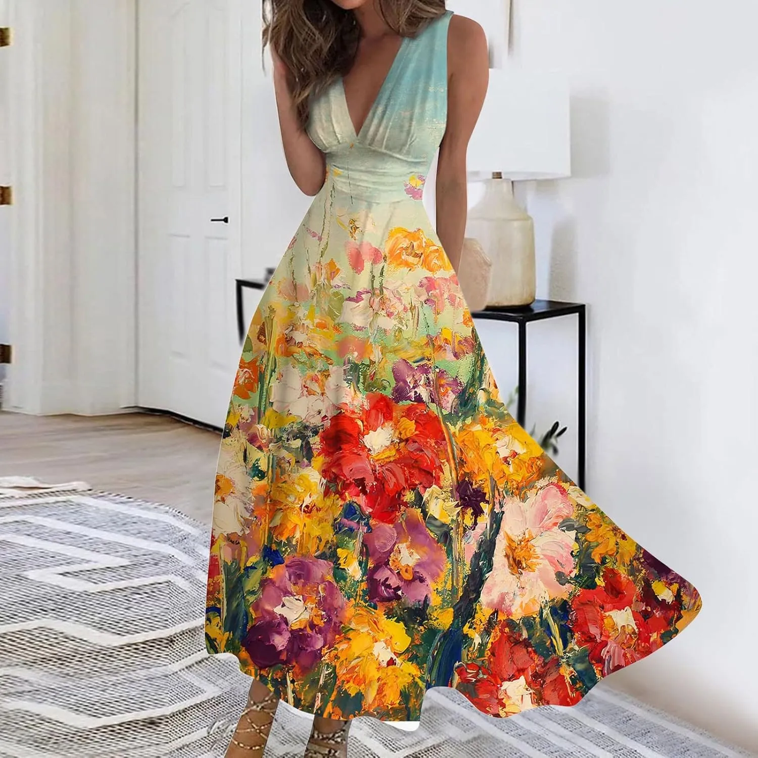 Elegant Women's Dress Sleeveless V-Neck Floral Maxi Dress Vintage Bohemian Style Summer Beach Vacation Sundress