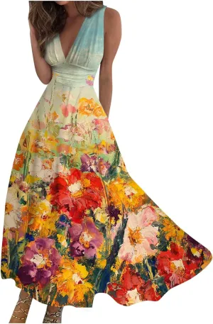 Elegant Women's Dress Sleeveless V-Neck Floral Maxi Dress Vintage Bohemian Style Summer Beach Vacation Sundress