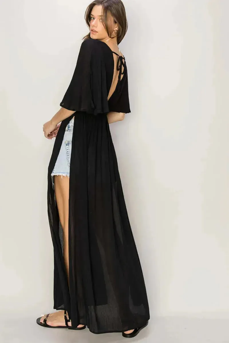 Ethereal Plunging V-Neck Open Back Maxi Cover-Up Kimono Dress