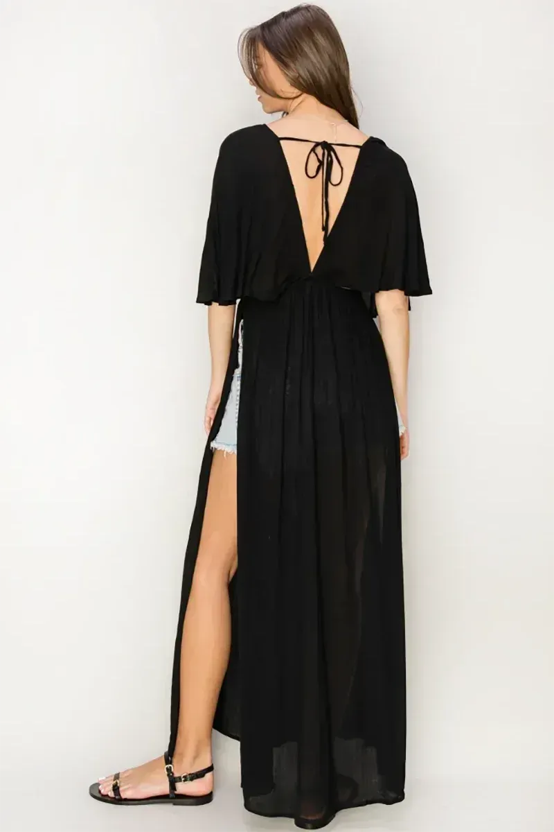 Ethereal Plunging V-Neck Open Back Maxi Cover-Up Kimono Dress