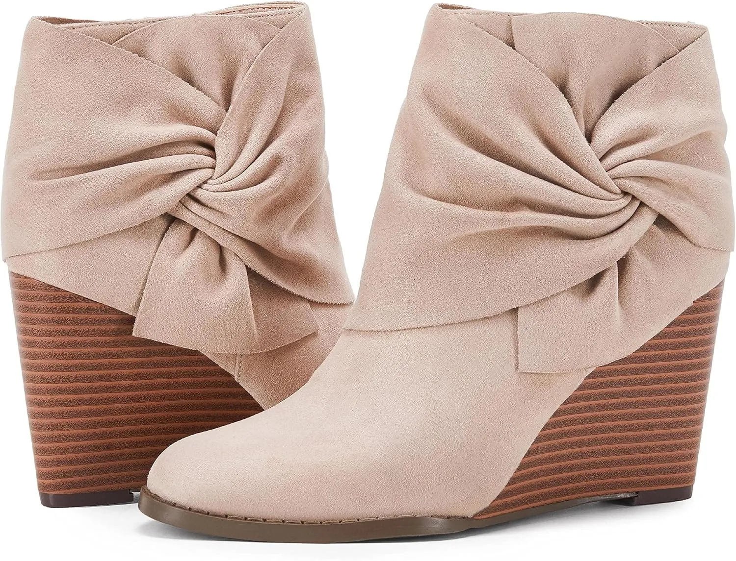 Fashare Womens Wedge Booties Ankle Heels Boots Bow Knot Stacked Heeled Winter Dress Shoes
