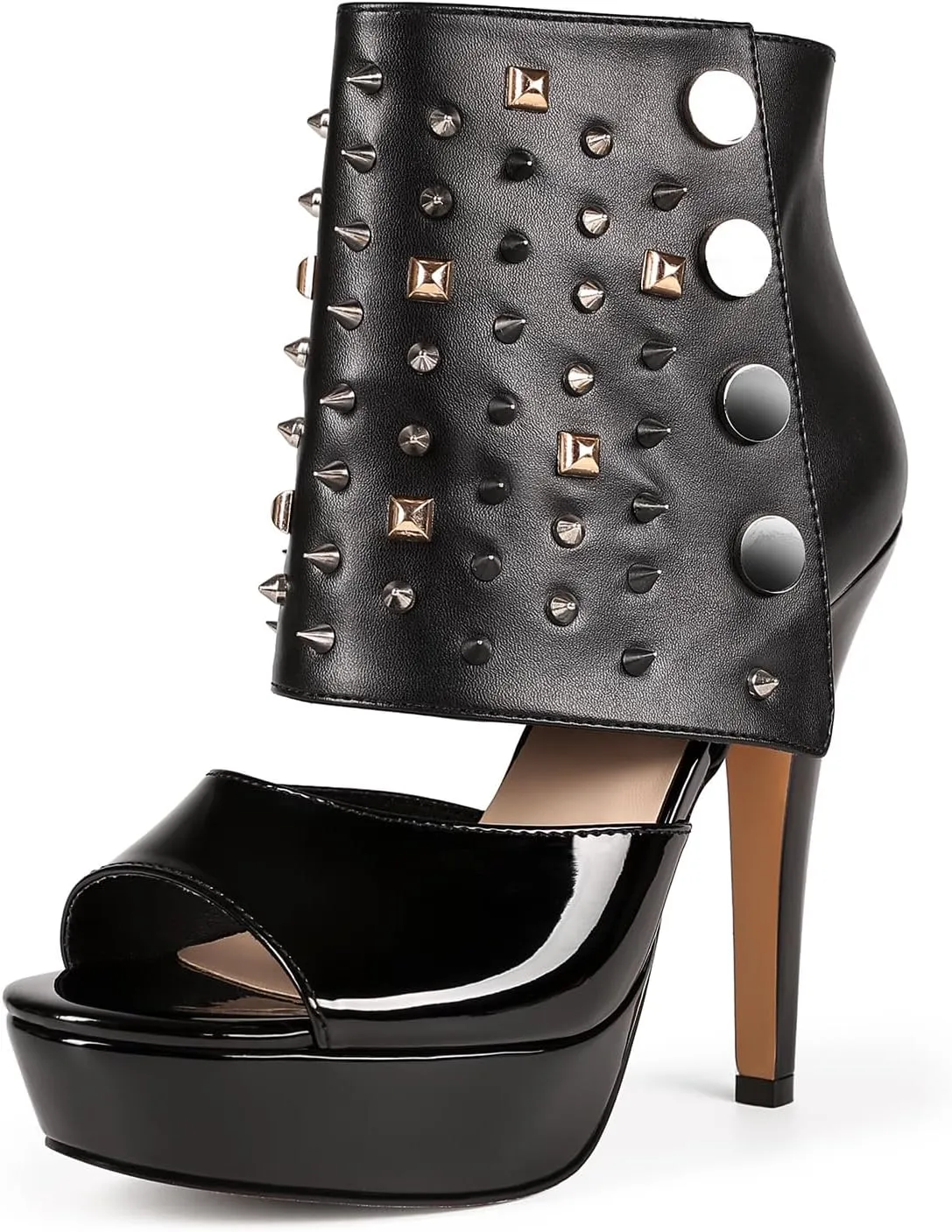 Feinlina Studded Heeled Sandals for Women Sexy Black Platform Stiletto Heel Peep Toe Pumps Shoes