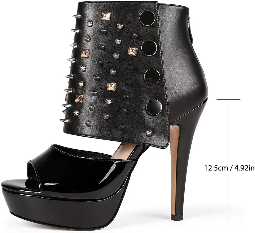Feinlina Studded Heeled Sandals for Women Sexy Black Platform Stiletto Heel Peep Toe Pumps Shoes