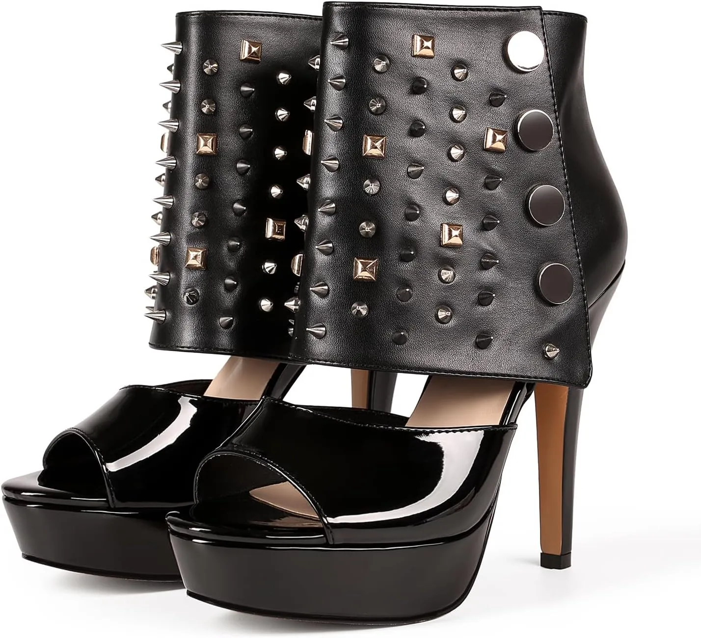 Feinlina Studded Heeled Sandals for Women Sexy Black Platform Stiletto Heel Peep Toe Pumps Shoes