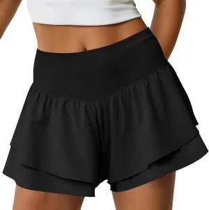 Fisoew Womens High Waisted Athletic Shorts Ruffle Tiered Running Workout Tennis Shorts with Build in Shorts