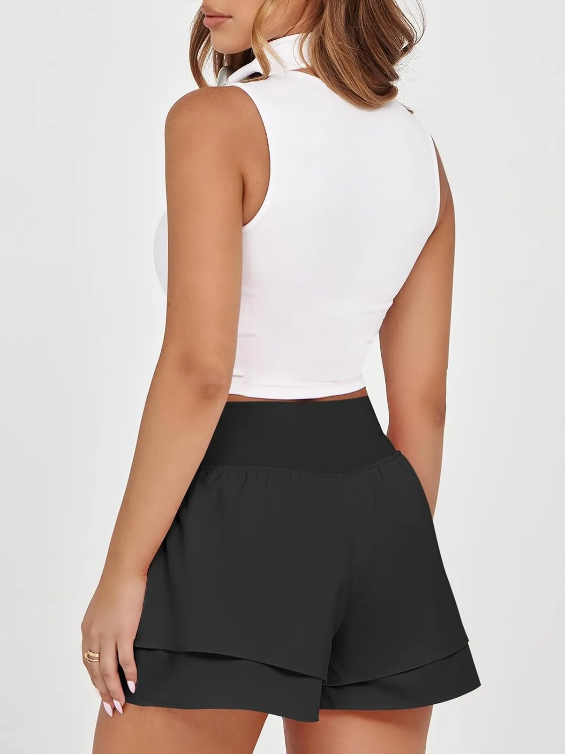 Fisoew Womens High Waisted Athletic Shorts Ruffle Tiered Running Workout Tennis Shorts with Build in Shorts