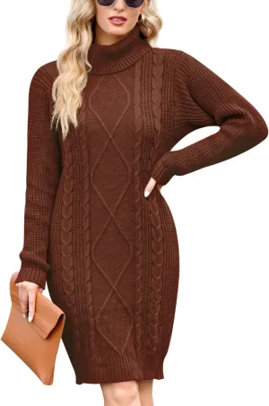 For G and PL Winter Long Sleeve Cable Knit Bodycon Slim Fitted Turtleneck Pullover Stretchy Mini Sweater Dresses