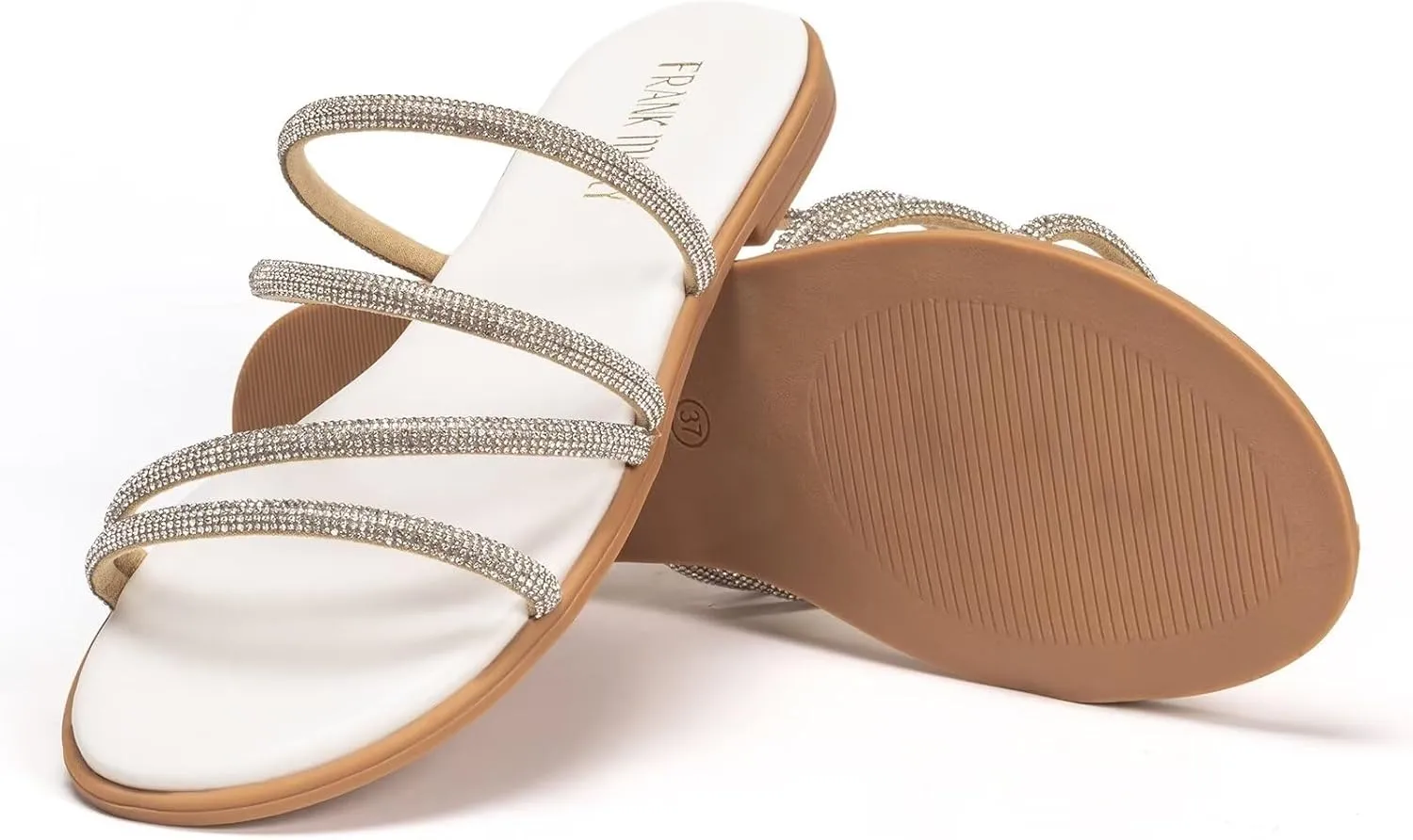 Frank Mully Womens Slide Sandals Open Toe Rhinestone Straps Slip On Beach Slide Casual Dressy Flats Sandal for Women Summer