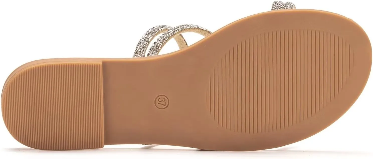 Frank Mully Womens Slide Sandals Open Toe Rhinestone Straps Slip On Beach Slide Casual Dressy Flats Sandal for Women Summer