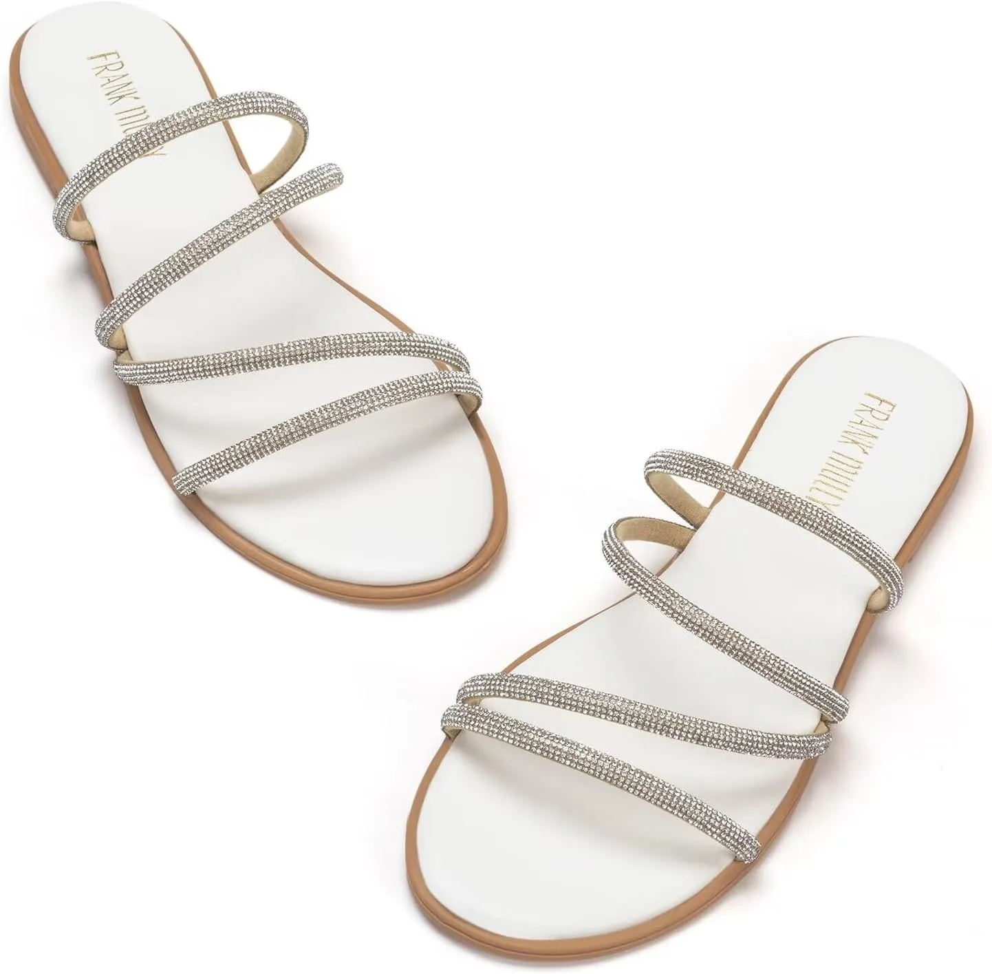 Frank Mully Womens Slide Sandals Open Toe Rhinestone Straps Slip On Beach Slide Casual Dressy Flats Sandal for Women Summer