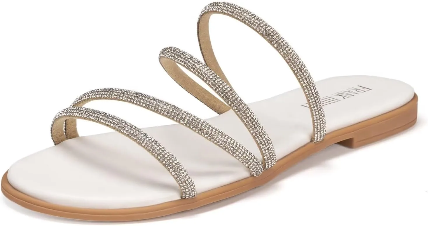 Frank Mully Womens Slide Sandals Open Toe Rhinestone Straps Slip On Beach Slide Casual Dressy Flats Sandal for Women Summer