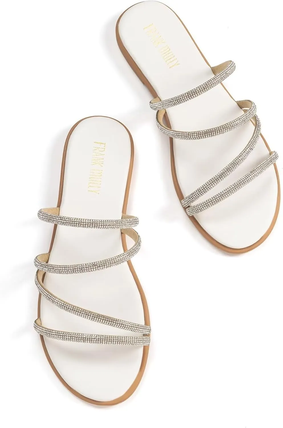 Frank Mully Womens Slide Sandals Open Toe Rhinestone Straps Slip On Beach Slide Casual Dressy Flats Sandal for Women Summer