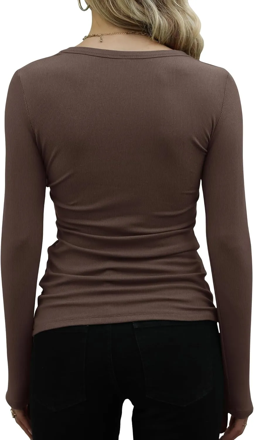 GEMBERA Womens Long Sleeve Scoop Neck Ribbed Knit Tops Casual Slim Fitted Basic Shirts