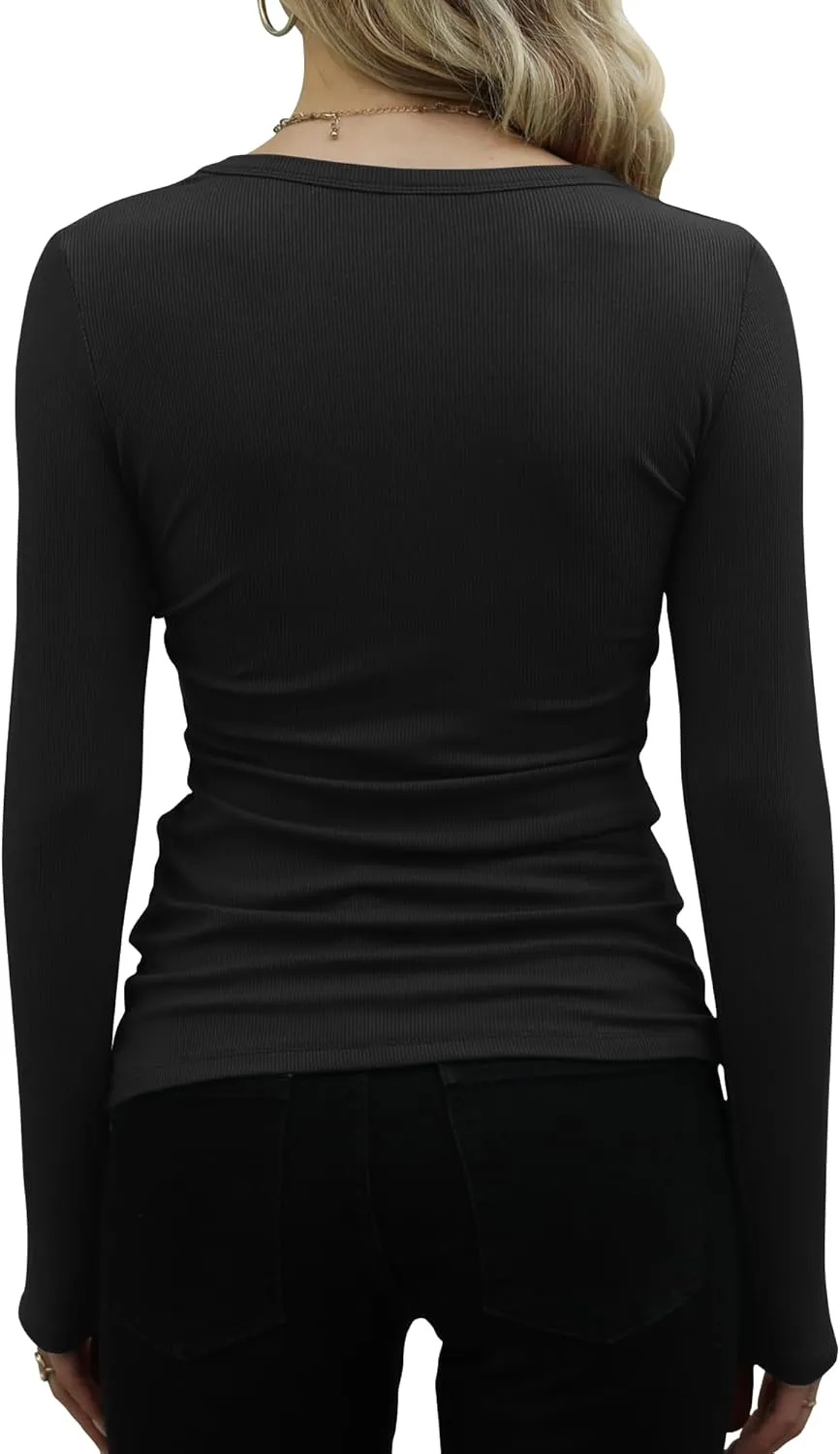 GEMBERA Womens Ribbed Long Sleeve Crewneck Casual Slim Basic Shirts Fitted Knit Tops
