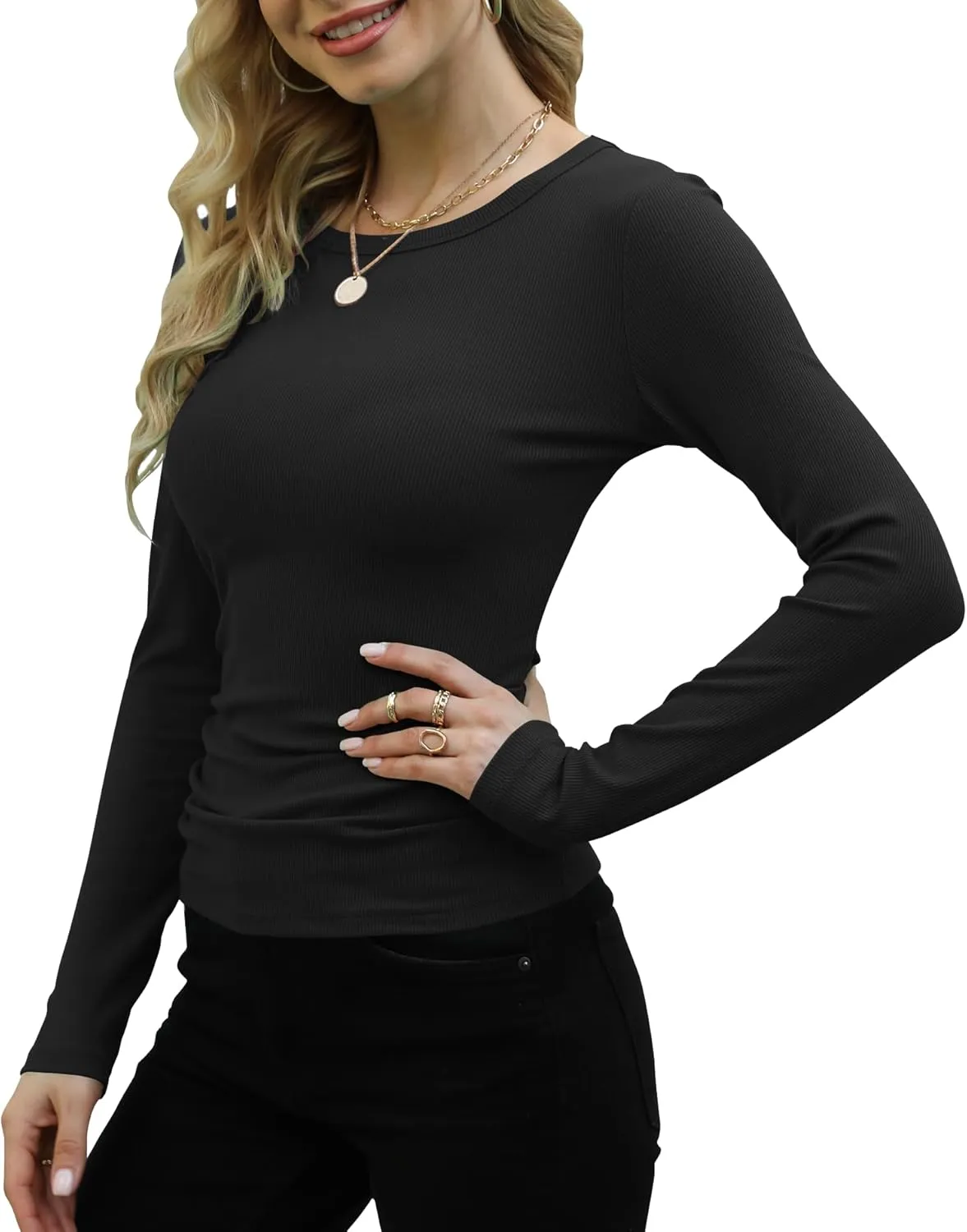 GEMBERA Womens Ribbed Long Sleeve Crewneck Casual Slim Basic Shirts Fitted Knit Tops