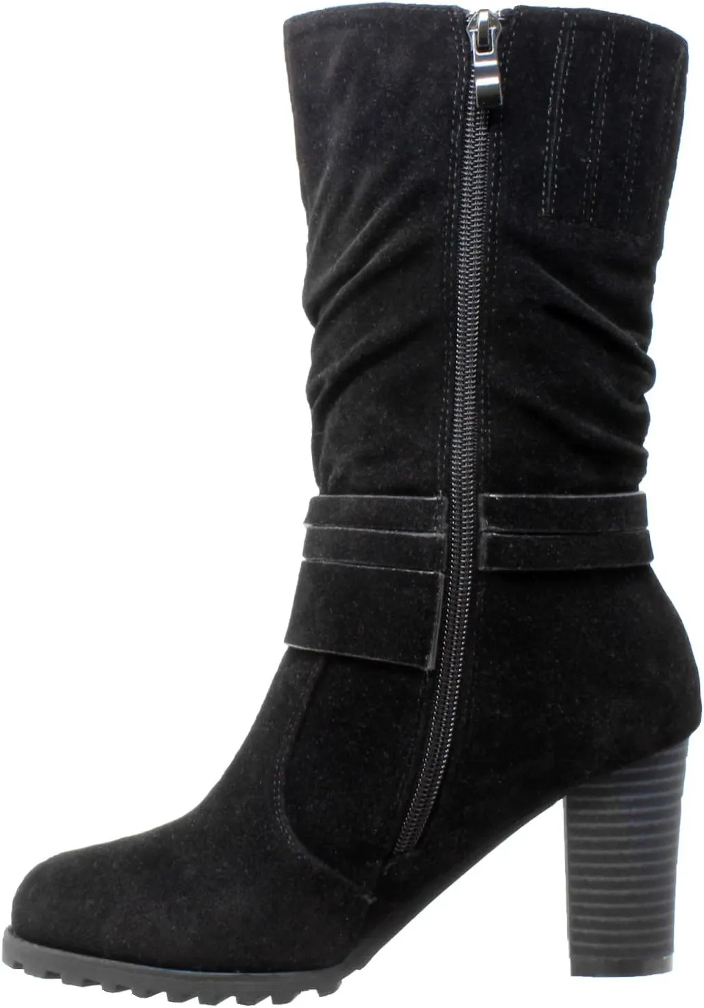 Generation Y Women's Mid Calf Boots Ruched Strappy Stacked Block Heels Booties
