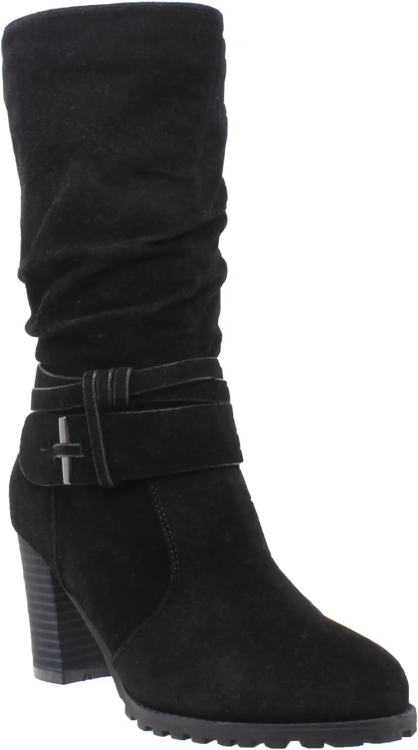 Generation Y Women's Mid Calf Boots Ruched Strappy Stacked Block Heels Booties