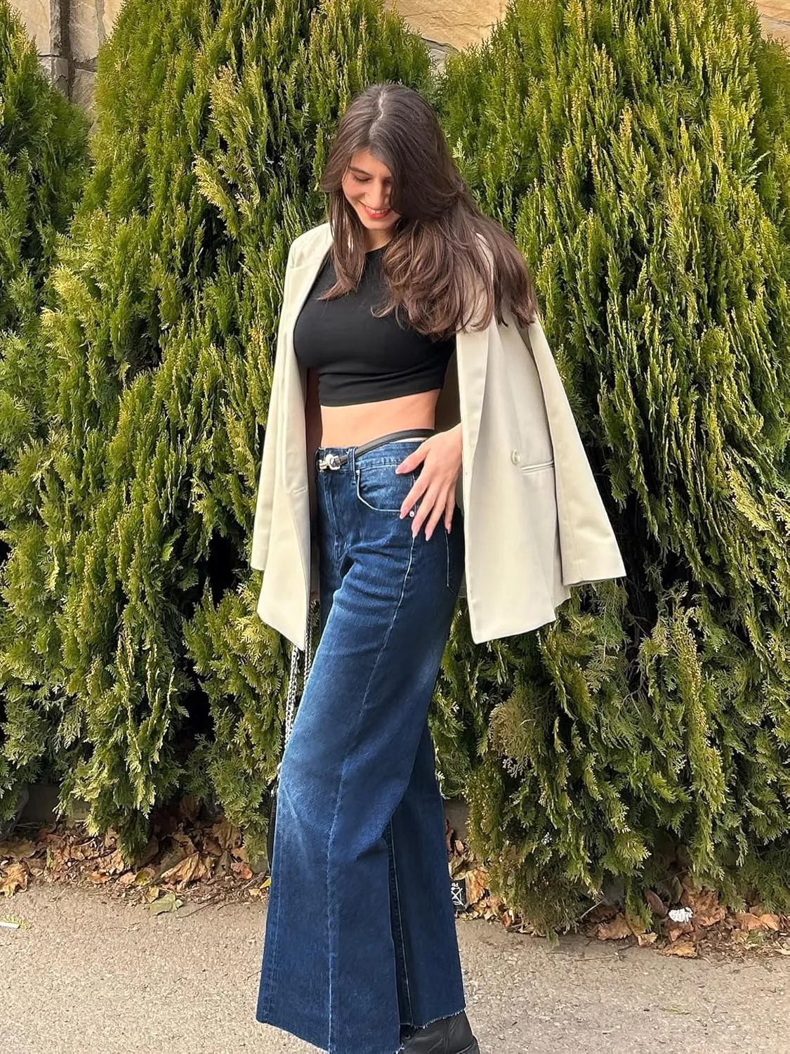 Genleck Women's Wide Leg Jeans - Cropped Jeans High Waisted Seamed Front Raw Hem Denim Pants Trendy Stretchy Baggy Jeans