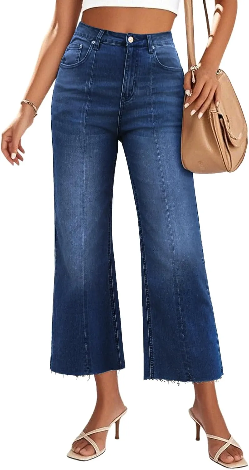 Genleck Women's Wide Leg Jeans - Cropped Jeans High Waisted Seamed Front Raw Hem Denim Pants Trendy Stretchy Baggy Jeans