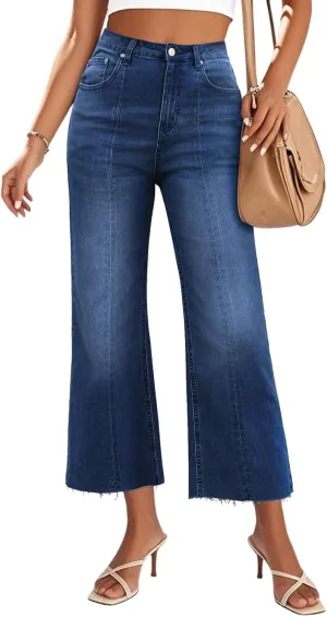 Genleck Women's Wide Leg Jeans - Cropped Jeans High Waisted Seamed Front Raw Hem Denim Pants Trendy Stretchy Baggy Jeans