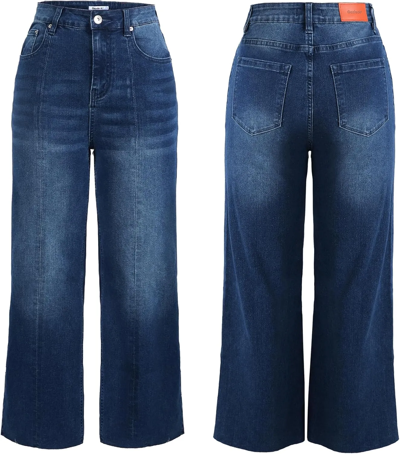 Genleck Women's Wide Leg Jeans - Cropped Jeans High Waisted Seamed Front Raw Hem Denim Pants Trendy Stretchy Baggy Jeans