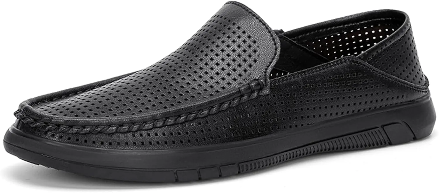 Genuine Leather Men's Summer Breathable Slip on Loafers Soft Comfortable Walking Driving Shoes