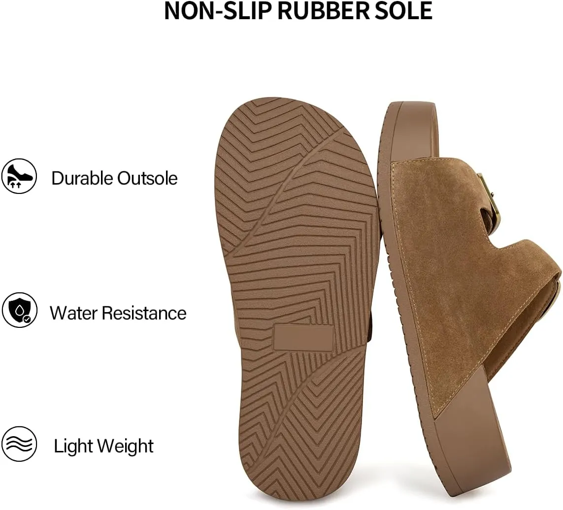 Genuine Leather Platform Sandals Women Slip-on Beach Sandals Slide Buckle Comfortable with Soft Lining and Open Toe Low Wedges