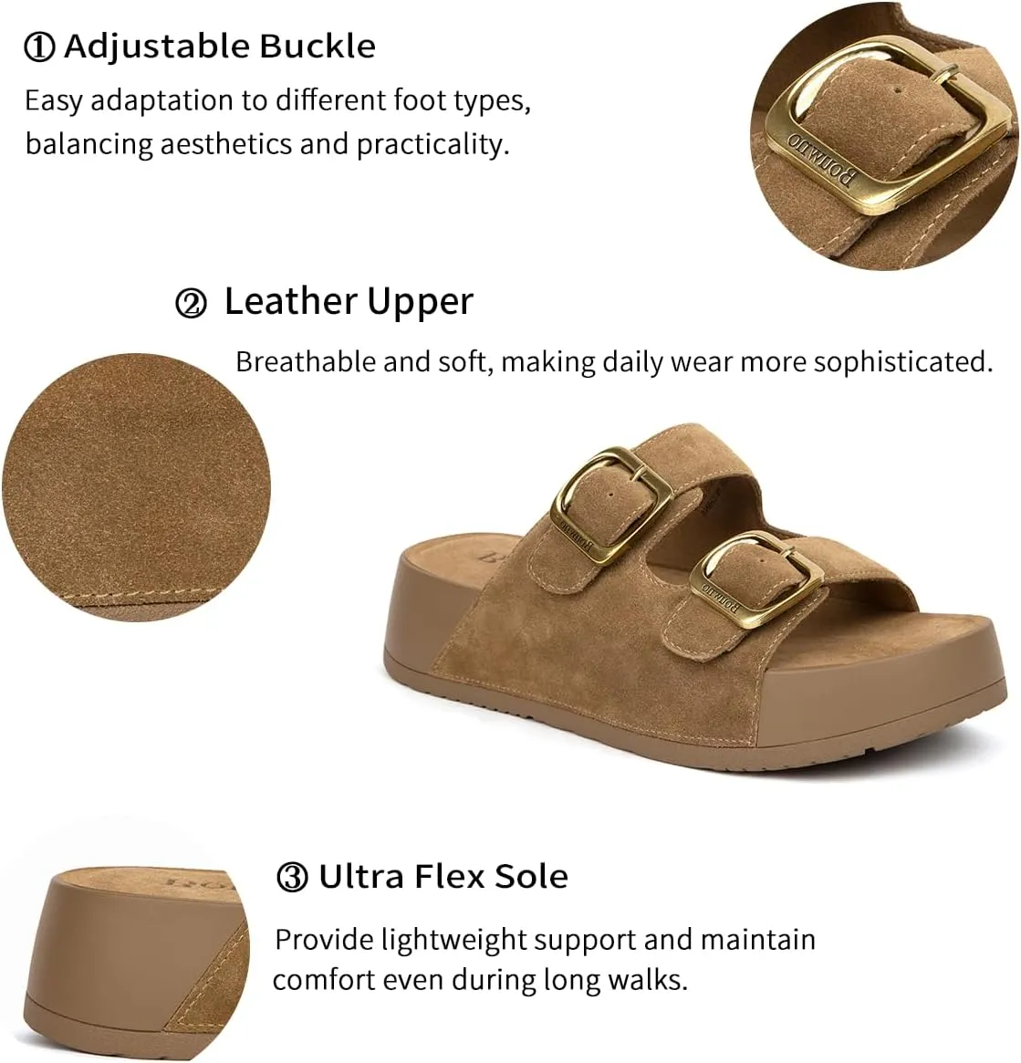 Genuine Leather Platform Sandals Women Slip-on Beach Sandals Slide Buckle Comfortable with Soft Lining and Open Toe Low Wedges