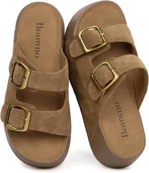 Genuine Leather Platform Sandals Women Slip-on Beach Sandals Slide Buckle Comfortable with Soft Lining and Open Toe Low Wedges