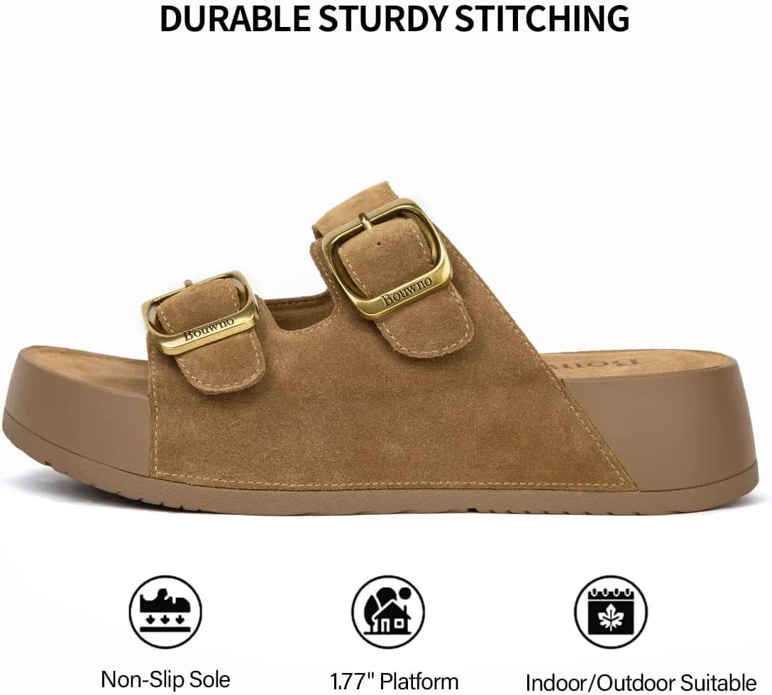 Genuine Leather Platform Sandals Women Slip-on Beach Sandals Slide Buckle Comfortable with Soft Lining and Open Toe Low Wedges