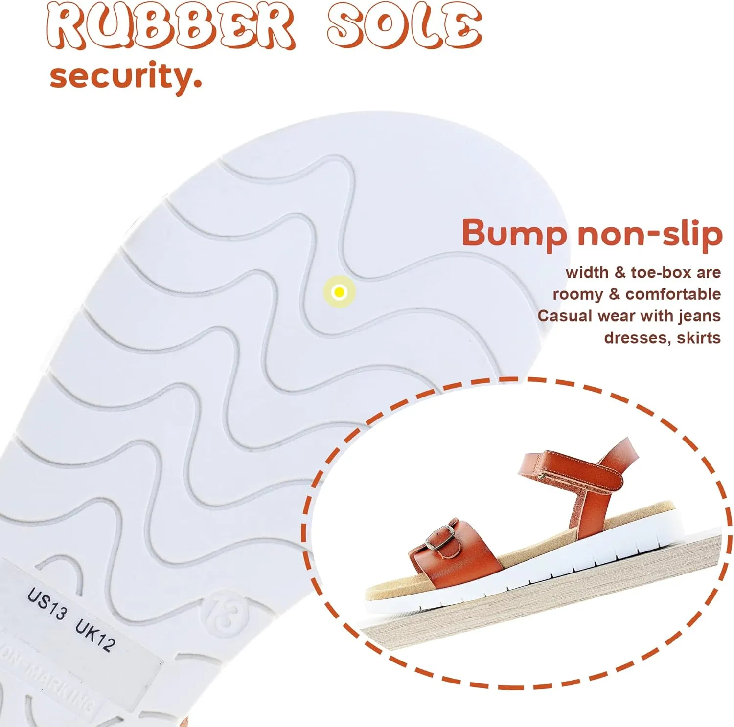 Girls Sandals: White & Orange Flat Sandals, Open Toe, Adjustable Strap, Size 13/1/2/3/4/5